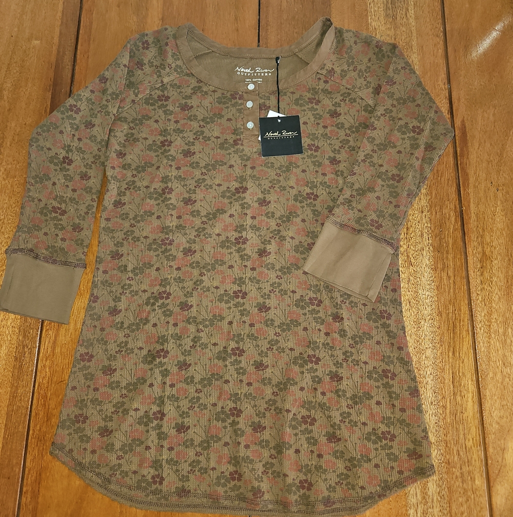 North River Outfitters Women's Floral Ribbed Henley Long Sleeve Top
